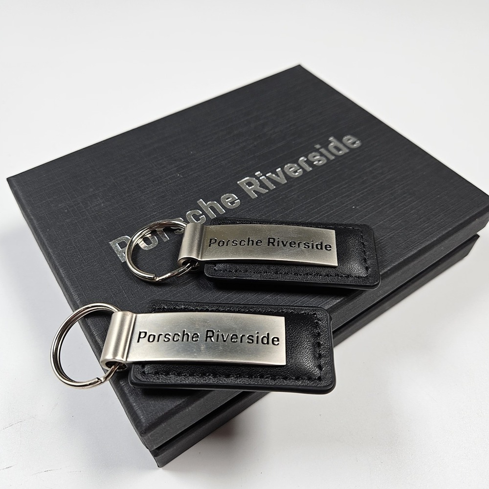PORSCHE Riverside CA Dealership Keychain Key Ring Bundle of 2 Black Leather